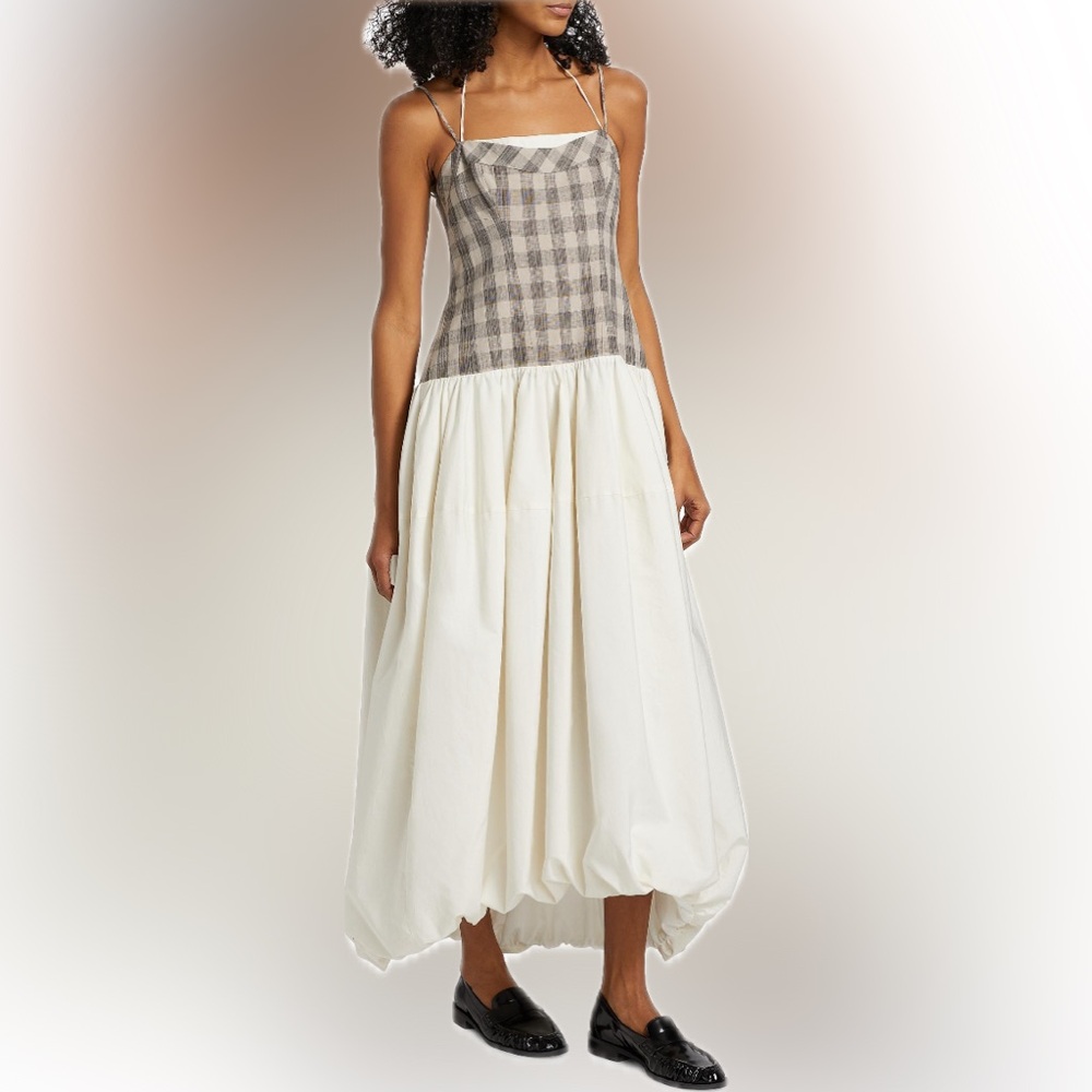 NWT SIMKHAI Pfeiffer Plaid Ballon Midi-Dress